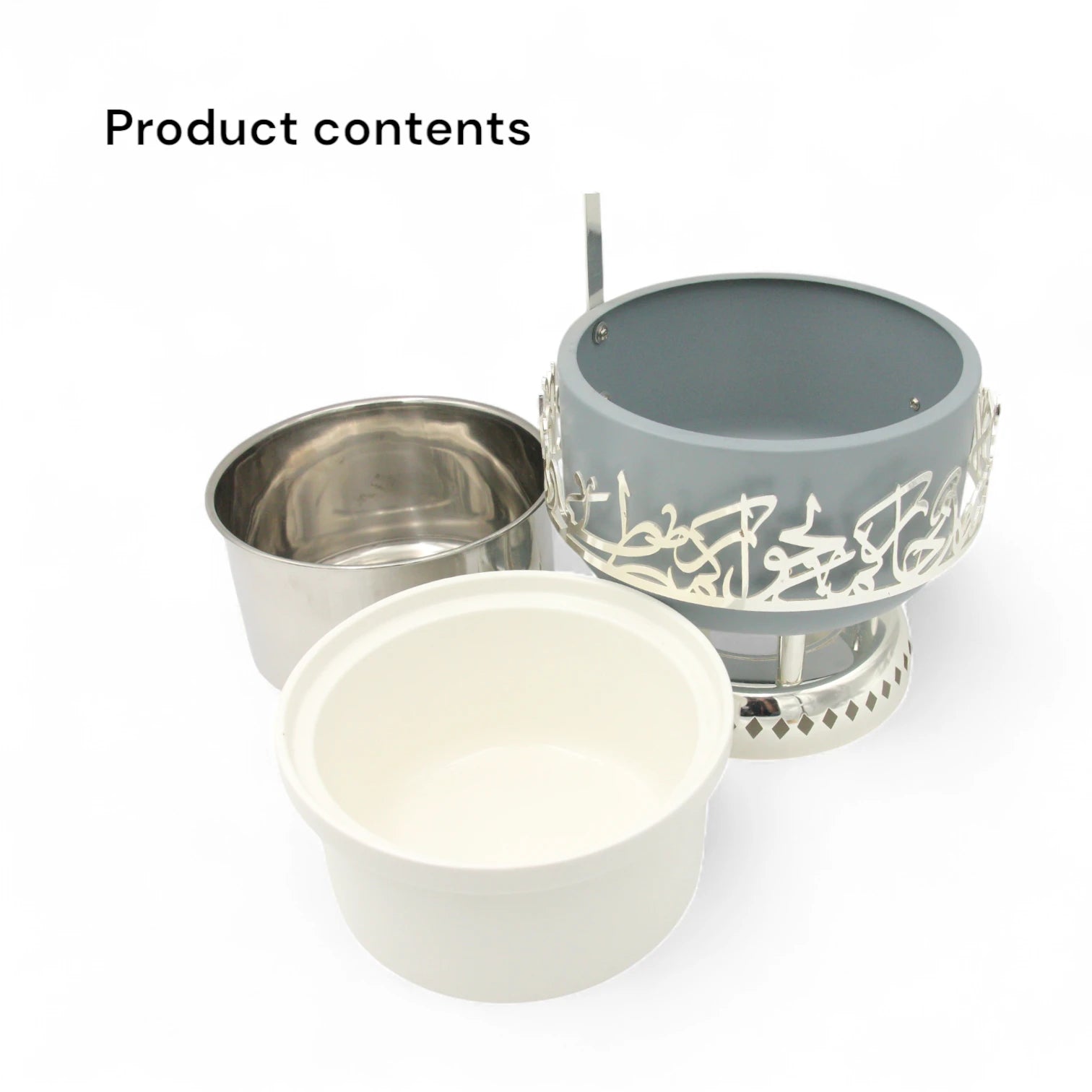 Otantik Luxury Arabic Serving Buffet Dish with Lid & Stand 2.5 Liters – Insulated Food Warmer with Silver Arabic Calligraphy Design – Elegant Bone China & Stainless Steel Thermal Chafing Dish for Majlis & Events - Jiwar Collection - Damoo