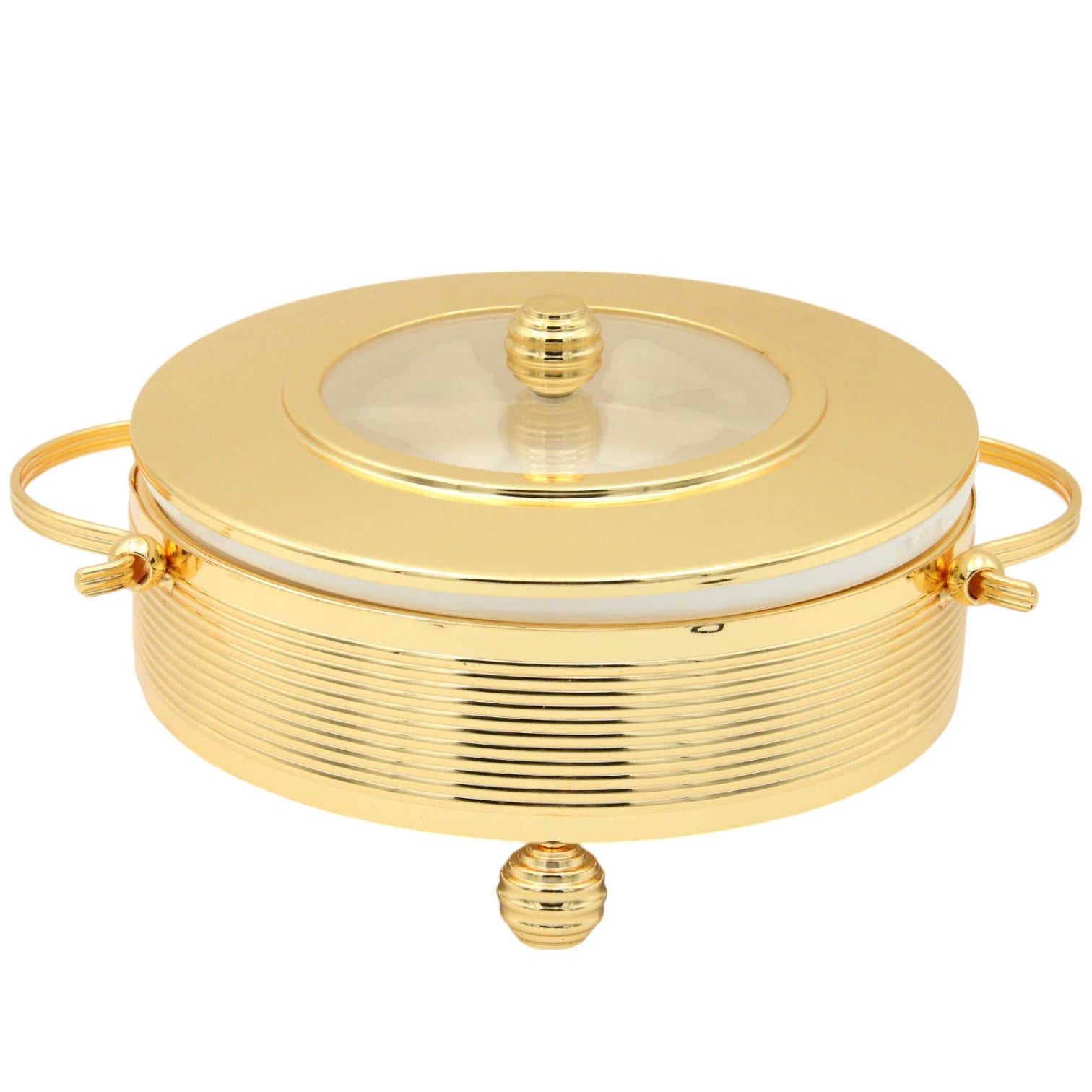 Damoo Premium Gold Ceramic Chafing Dish with Glass Lid – Elegant Buffet Server for Hot Meals, Rice, & Side Dishes – Heat-Resistant White Insert & Luxury Golden Frame – Ideal for Entertaining, Ramadan, and Special Occasions - Damoo