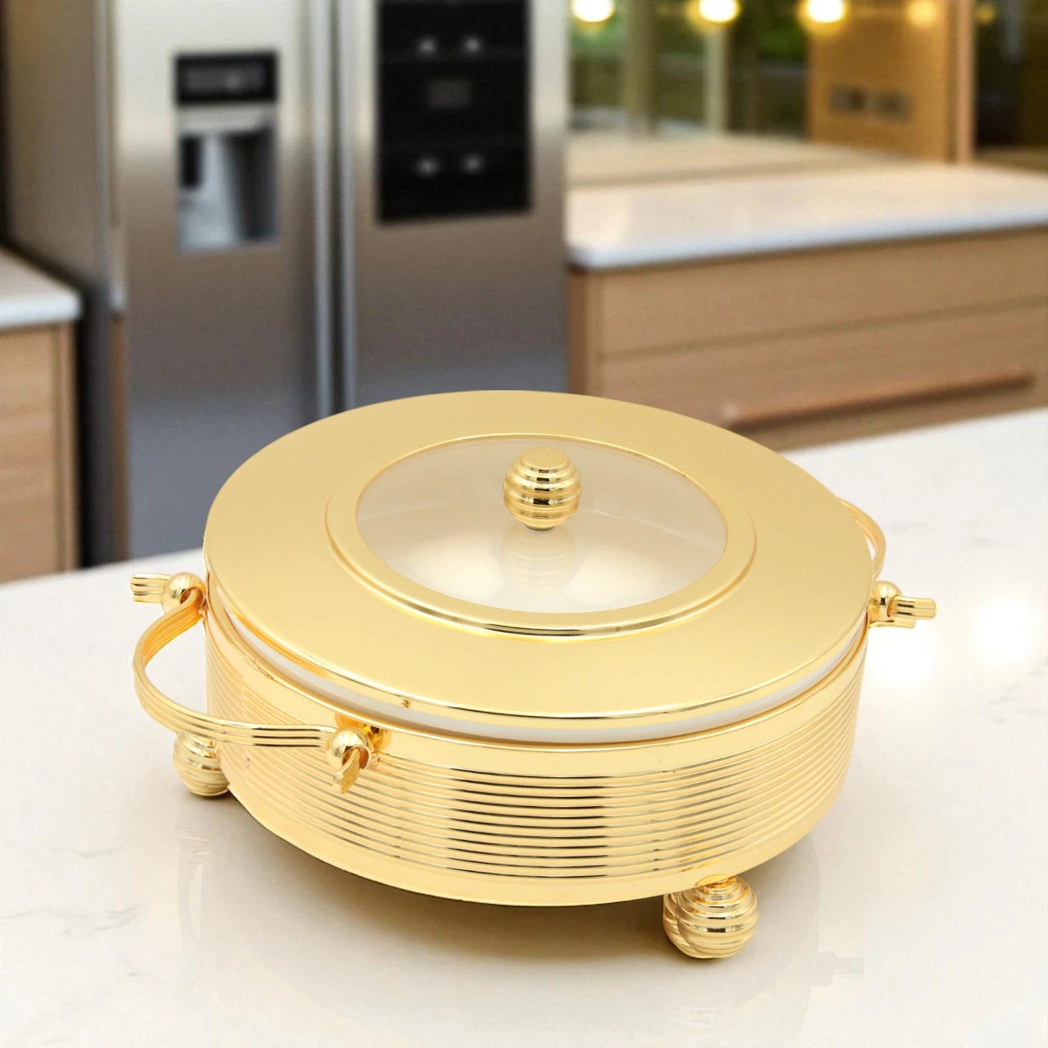 Damoo Premium Gold Ceramic Chafing Dish with Glass Lid – Elegant Buffet Server for Hot Meals, Rice, & Side Dishes – Heat-Resistant White Insert & Luxury Golden Frame – Ideal for Entertaining, Ramadan, and Special Occasions - Damoo
