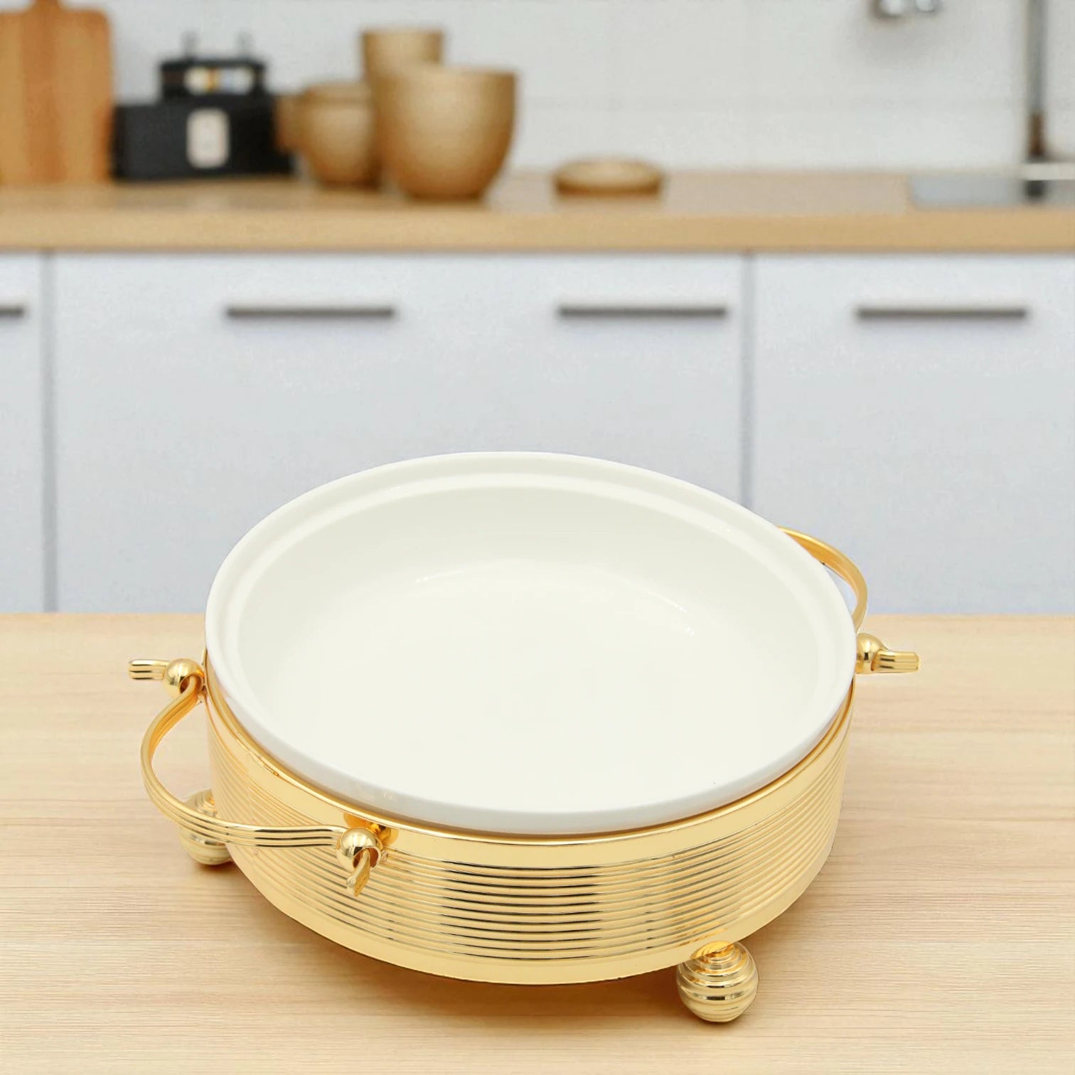 Damoo Premium Gold Ceramic Chafing Dish with Glass Lid – Elegant Buffet Server for Hot Meals, Rice, & Side Dishes – Heat-Resistant White Insert & Luxury Golden Frame – Ideal for Entertaining, Ramadan, and Special Occasions - Damoo