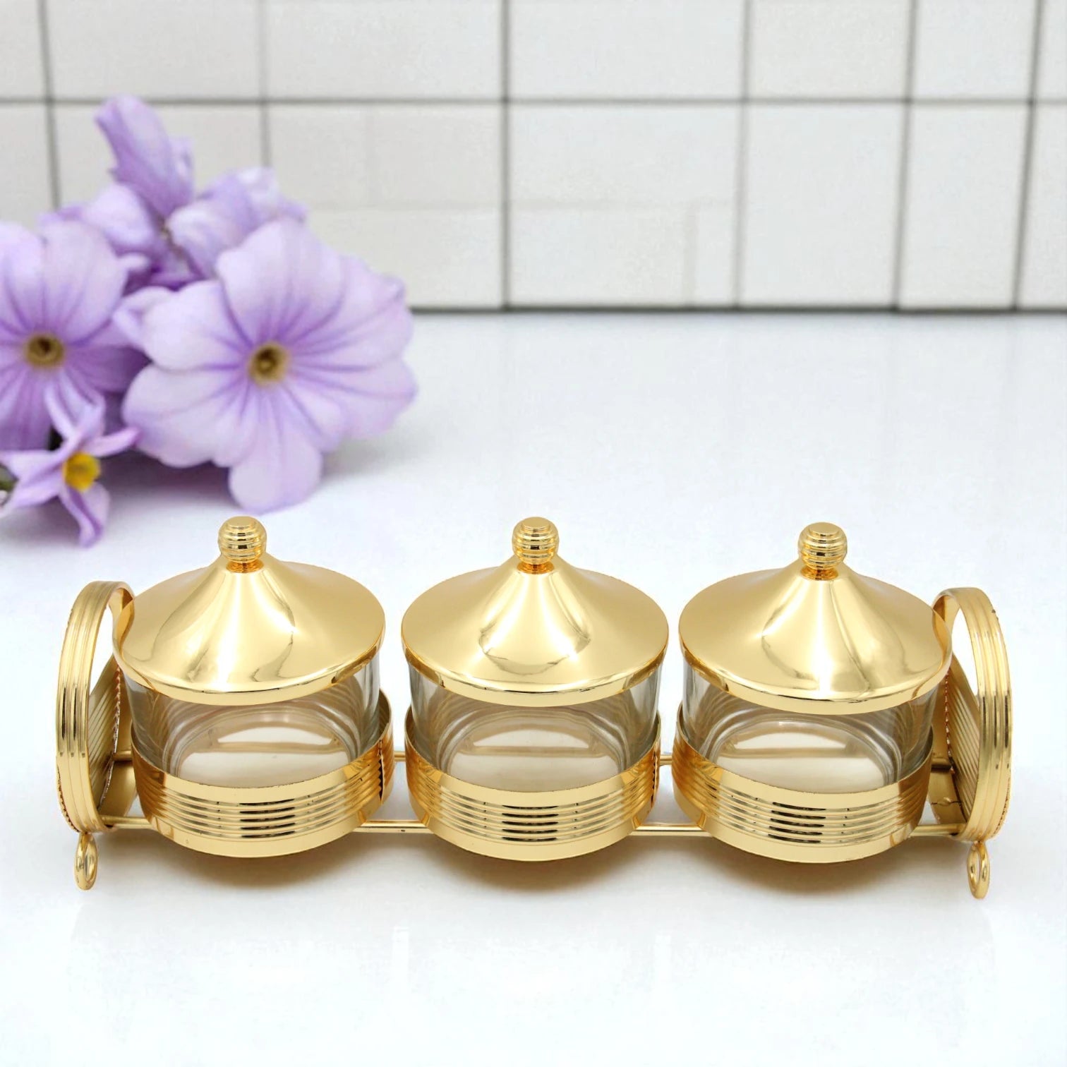 Damoo 3-Piece Premium Glass Jar Set with Gold-Plated Metal Stand and Lids – Elegant Multipurpose Storage Organizer for Dry Fruits, Sweets, Spices, Condiments & Kitchen Decoration – Luxury Gift Idea for Ramadan, Eid, Weddings & Home - Damoo