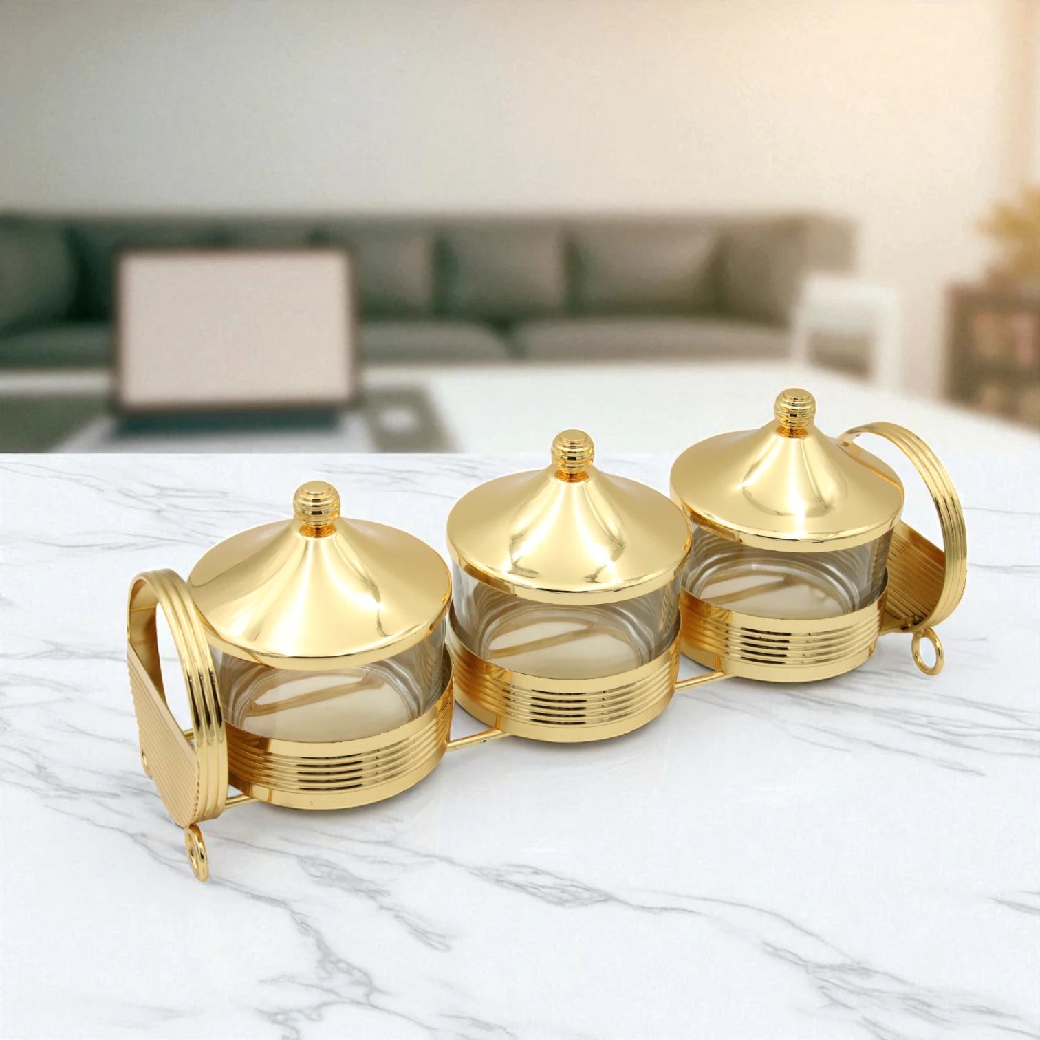 Damoo 3-Piece Premium Glass Jar Set with Gold-Plated Metal Stand and Lids – Elegant Multipurpose Storage Organizer for Dry Fruits, Sweets, Spices, Condiments & Kitchen Decoration – Luxury Gift Idea for Ramadan, Eid, Weddings & Home - Damoo