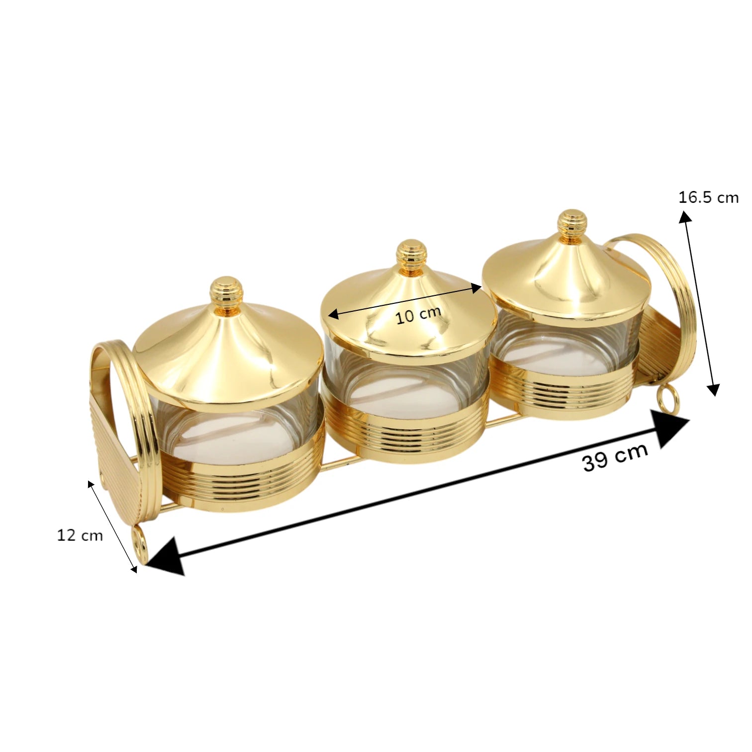 Damoo 3-Piece Premium Glass Jar Set with Gold-Plated Metal Stand and Lids – Elegant Multipurpose Storage Organizer for Dry Fruits, Sweets, Spices, Condiments & Kitchen Decoration – Luxury Gift Idea for Ramadan, Eid, Weddings & Home - Damoo