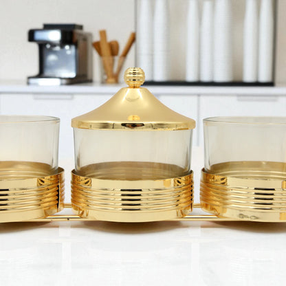 Damoo 3-Piece Premium Glass Jar Set with Gold-Plated Metal Stand and Lids – Elegant Multipurpose Storage Organizer for Dry Fruits, Sweets, Spices, Condiments & Kitchen Decoration – Luxury Gift Idea for Ramadan, Eid, Weddings & Home - Damoo