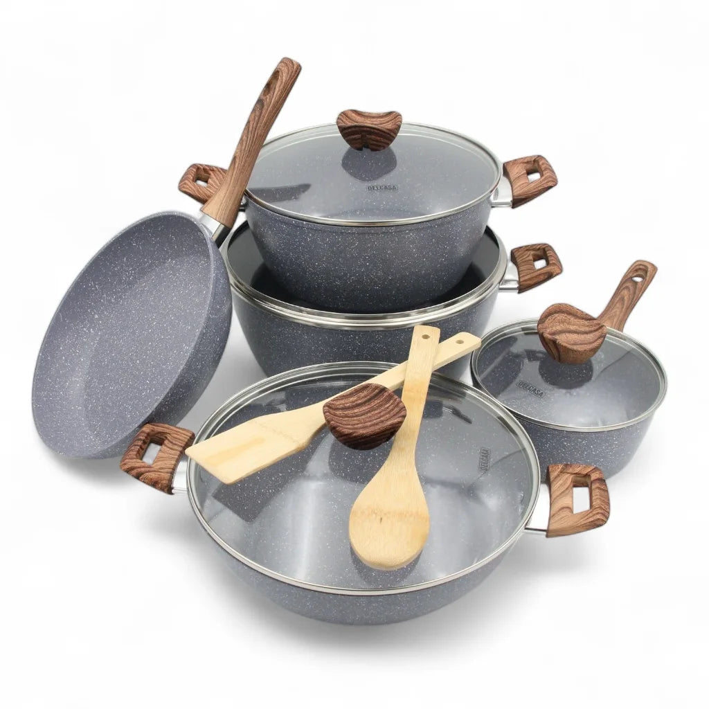 DELCASA 11-Piece Non-Stick Cookware Set – Forged Aluminum with Durable Granite Coating, PTFE & PFOA Free, Induction Compatible, Soft-Touch Bakelite Handles, Tempered Glass Lids, 5-Layer Construction - Damoo