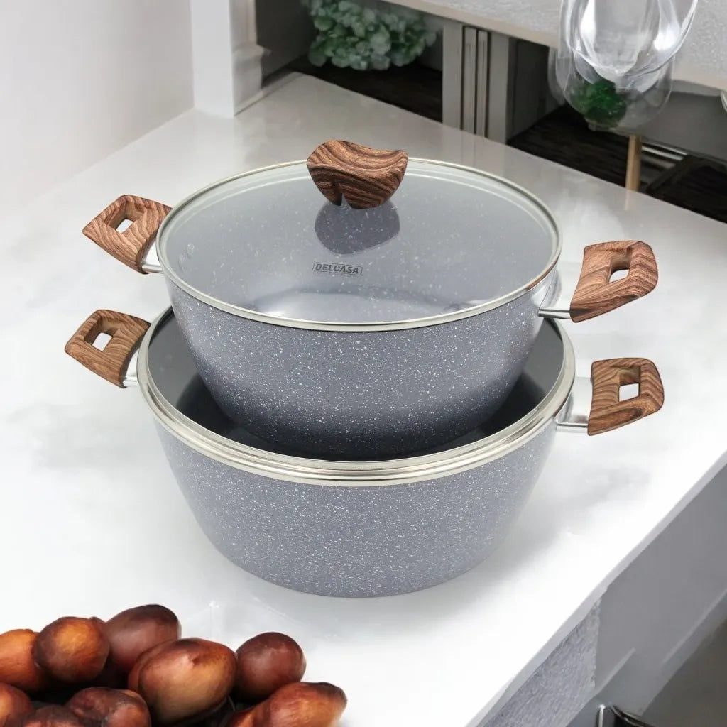 DELCASA 11-Piece Non-Stick Cookware Set – Forged Aluminum with Durable Granite Coating, PTFE & PFOA Free, Induction Compatible, Soft-Touch Bakelite Handles, Tempered Glass Lids, 5-Layer Construction - Damoo