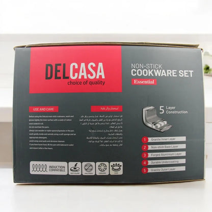 DELCASA 11-Piece Non-Stick Cookware Set – Forged Aluminum with Durable Granite Coating, PTFE & PFOA Free, Induction Compatible, Soft-Touch Bakelite Handles, Tempered Glass Lids, 5-Layer Construction - Damoo