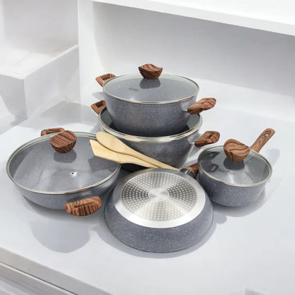 DELCASA 11-Piece Non-Stick Cookware Set – Forged Aluminum with Durable Granite Coating, PTFE & PFOA Free, Induction Compatible, Soft-Touch Bakelite Handles, Tempered Glass Lids, 5-Layer Construction - Damoo