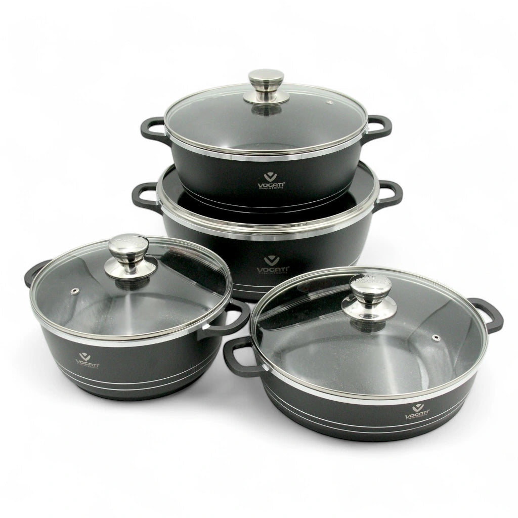 Vogati 8-Piece Die-Cast Aluminum Cookware Set with Granite Coating – Casseroles & Shallow Pot with Tempered Glass Lids and Stainless Steel Rims – Energy-Saving, PFOA-Free, Durable Non-Stick Cookware for Everyday Use - Damoo