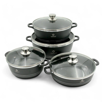 Vogati 8-Piece Die-Cast Aluminum Cookware Set with Granite Coating – Casseroles & Shallow Pot with Tempered Glass Lids and Stainless Steel Rims – Energy-Saving, PFOA-Free, Durable Non-Stick Cookware for Everyday Use - Damoo