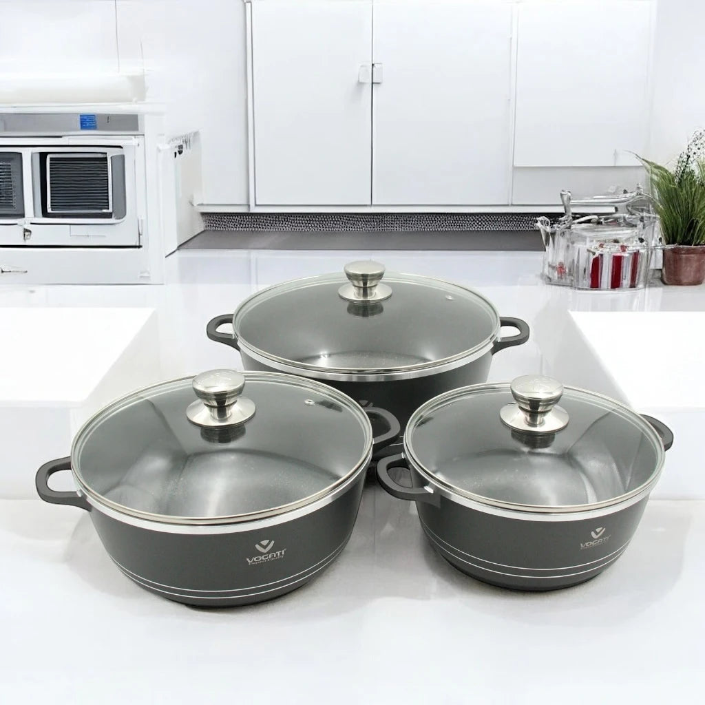 Vogati 8-Piece Die-Cast Aluminum Cookware Set with Granite Coating – Casseroles & Shallow Pot with Tempered Glass Lids and Stainless Steel Rims – Energy-Saving, PFOA-Free, Durable Non-Stick Cookware for Everyday Use - Damoo