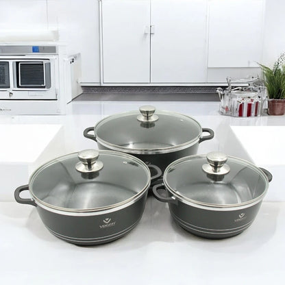 Vogati 8-Piece Die-Cast Aluminum Cookware Set with Granite Coating – Casseroles & Shallow Pot with Tempered Glass Lids and Stainless Steel Rims – Energy-Saving, PFOA-Free, Durable Non-Stick Cookware for Everyday Use - Damoo
