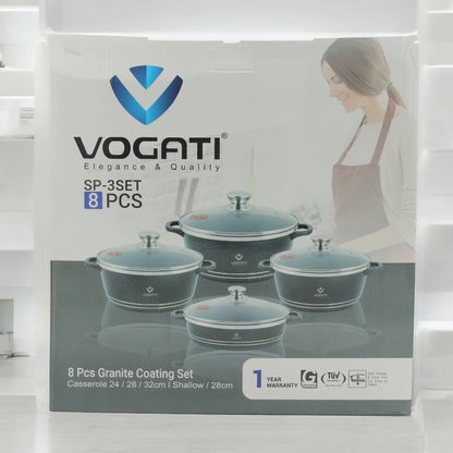 Vogati 8-Piece Die-Cast Aluminum Cookware Set with Granite Coating – Casseroles & Shallow Pot with Tempered Glass Lids and Stainless Steel Rims – Energy-Saving, PFOA-Free, Durable Non-Stick Cookware for Everyday Use - Damoo
