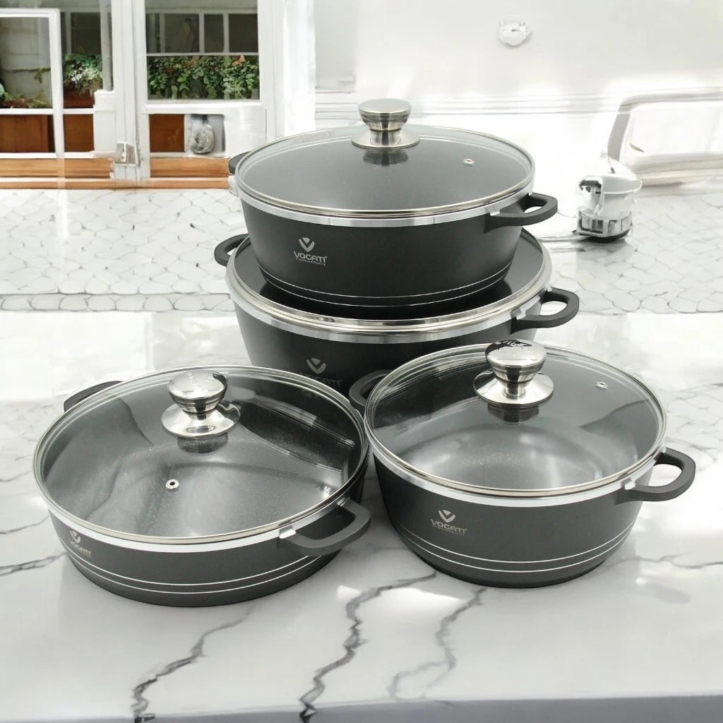 Vogati 8-Piece Die-Cast Aluminum Cookware Set with Granite Coating – Casseroles & Shallow Pot with Tempered Glass Lids and Stainless Steel Rims – Energy-Saving, PFOA-Free, Durable Non-Stick Cookware for Everyday Use - Damoo