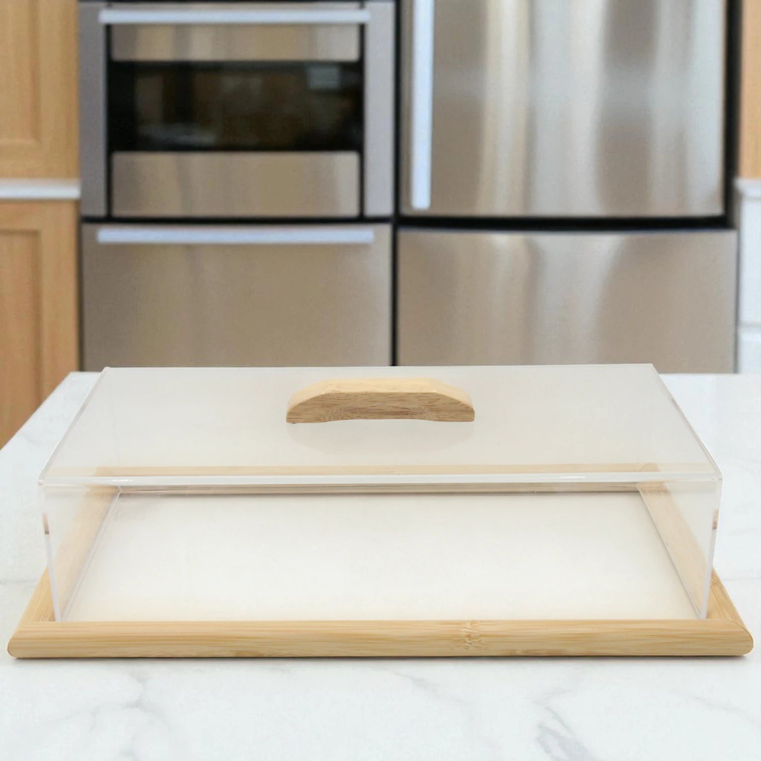 Damoo Large Bamboo Serving Tray with Clear Acrylic Lid and Wooden Handle – Elegant Food Display Cover for Pastries, Snacks, Cheese & Desserts – Eco-Friendly Kitchen & Café Server Tray for Parties, Buffets & Everyday Use - Damoo