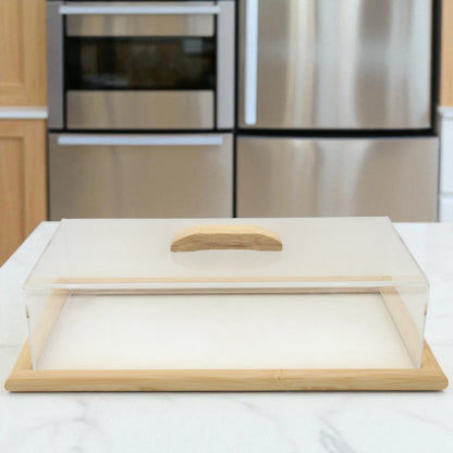 Damoo Large Bamboo Serving Tray with Clear Acrylic Lid and Wooden Handle – Elegant Food Display Cover for Pastries, Snacks, Cheese & Desserts – Eco-Friendly Kitchen & Café Server Tray for Parties, Buffets & Everyday Use - Damoo