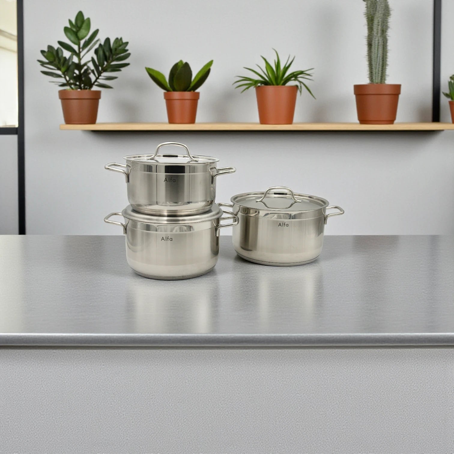 Alfa 6-Piece Stainless Steel Cookware Set HM210 – 18/10 CrNi Steel, Triplex Capsule Bottom, Durable Pots with Lids (4.5L, 6.2L, 7.7L) - Damoo