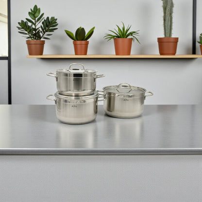 Alfa 6-Piece Stainless Steel Cookware Set HM210 – 18/10 CrNi Steel, Triplex Capsule Bottom, Durable Pots with Lids (4.5L, 6.2L, 7.7L) - Damoo