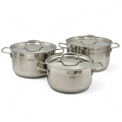 Alfa 6-Piece Stainless Steel Cookware Set HM210 – 18/10 CrNi Steel, Triplex Capsule Bottom, Durable Pots with Lids (4.5L, 6.2L, 7.7L) - Damoo
