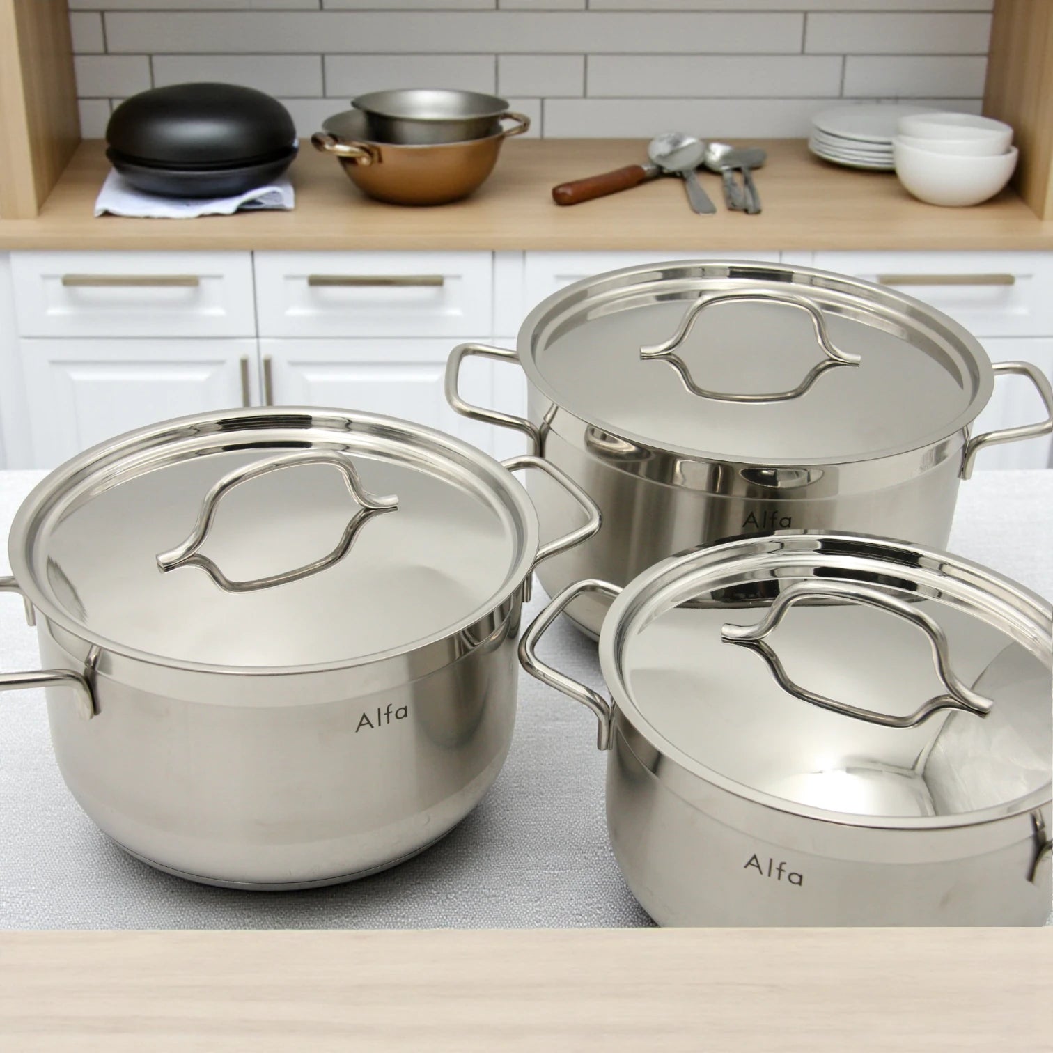 Alfa 6-Piece Stainless Steel Cookware Set HM210 – 18/10 CrNi Steel, Triplex Capsule Bottom, Durable Pots with Lids (4.5L, 6.2L, 7.7L) - Damoo