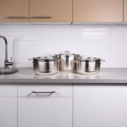 Alfa Stainless Steel Cookware Set HM220 – 6 Pieces, Heavy Duty Triplex Capsule Bottom, Premium 18/10 CrNi Steel Pots with Glass Lids (7.7L + 9.5L + 14.6L) - Damoo