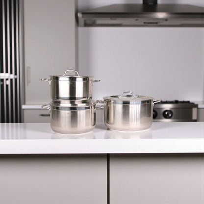 Alfa Stainless Steel Cookware Set HM220 – 6 Pieces, Heavy Duty Triplex Capsule Bottom, Premium 18/10 CrNi Steel Pots with Glass Lids (7.7L + 9.5L + 14.6L) - Damoo