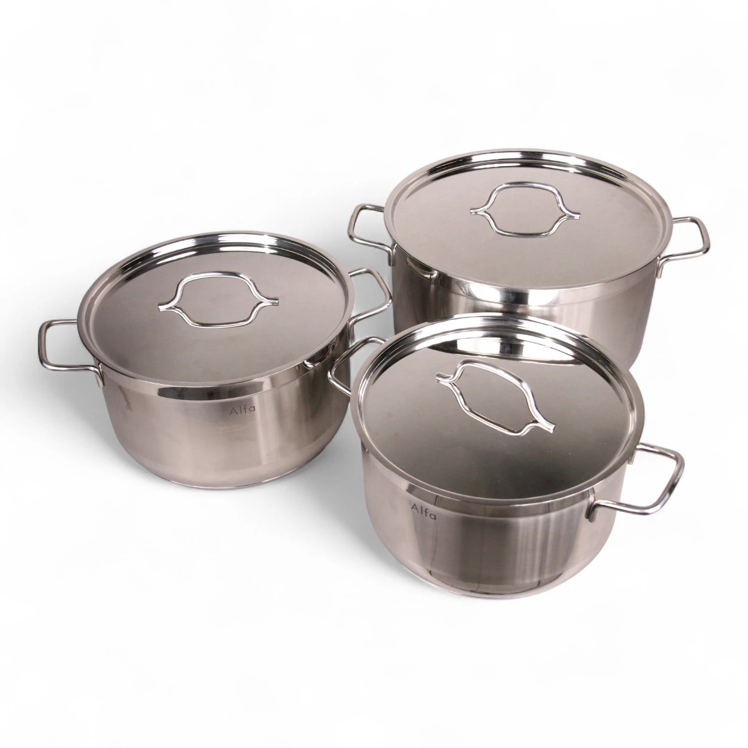Alfa Stainless Steel Cookware Set HM220 – 6 Pieces, Heavy Duty Triplex Capsule Bottom, Premium 18/10 CrNi Steel Pots with Glass Lids (7.7L + 9.5L + 14.6L) - Damoo