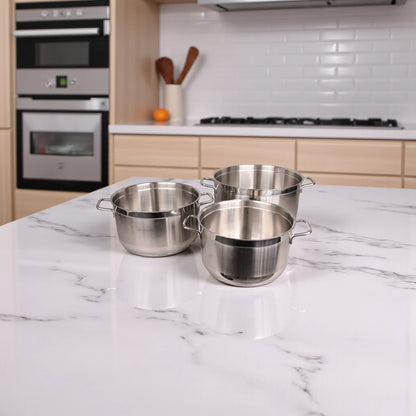 Alfa Stainless Steel Cookware Set HM220 – 6 Pieces, Heavy Duty Triplex Capsule Bottom, Premium 18/10 CrNi Steel Pots with Glass Lids (7.7L + 9.5L + 14.6L) - Damoo