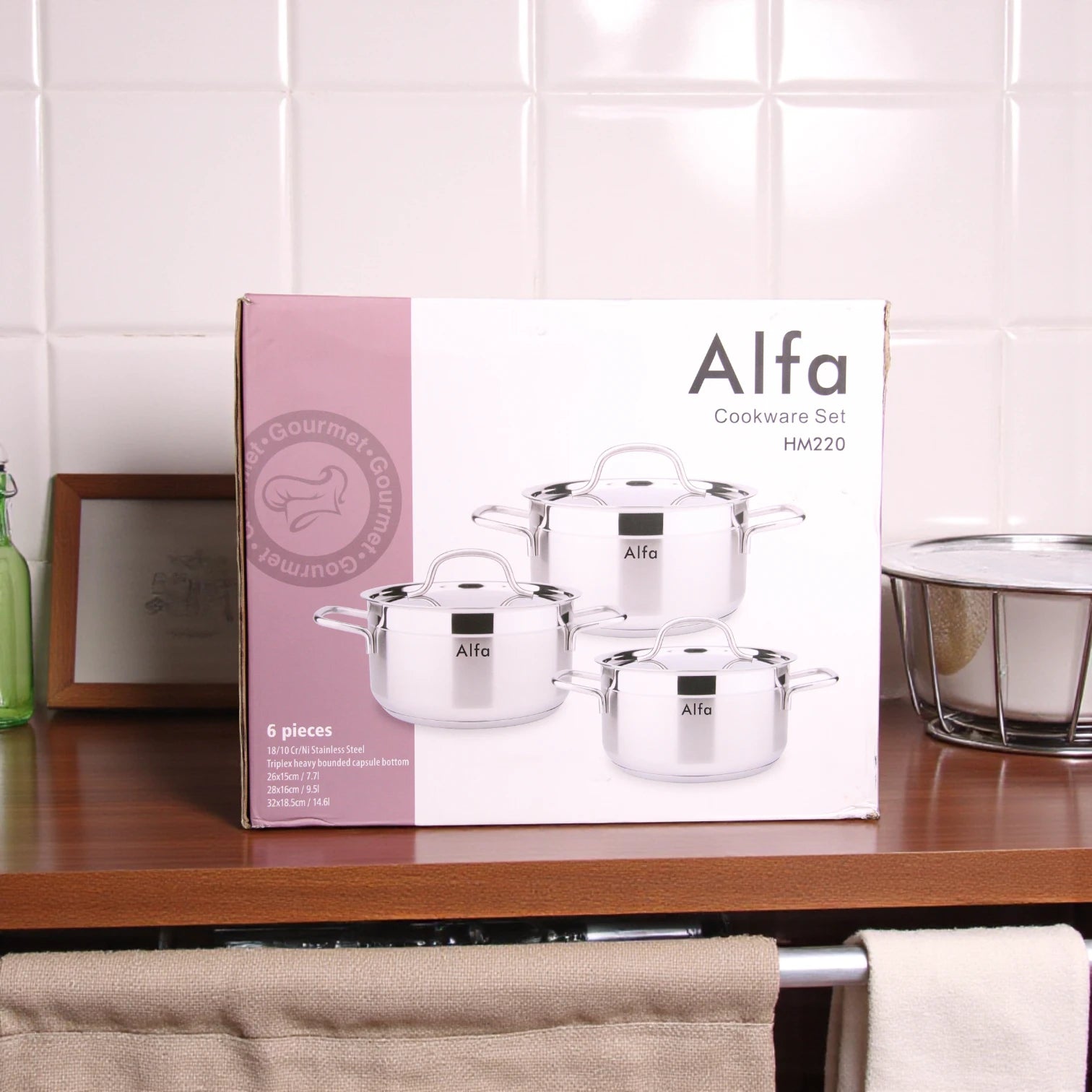 Alfa Stainless Steel Cookware Set HM220 – 6 Pieces, Heavy Duty Triplex Capsule Bottom, Premium 18/10 CrNi Steel Pots with Glass Lids (7.7L + 9.5L + 14.6L) - Damoo