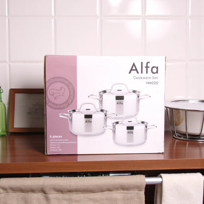 Alfa Stainless Steel Cookware Set HM220 – 6 Pieces, Heavy Duty Triplex Capsule Bottom, Premium 18/10 CrNi Steel Pots with Glass Lids (7.7L + 9.5L + 14.6L) - Damoo