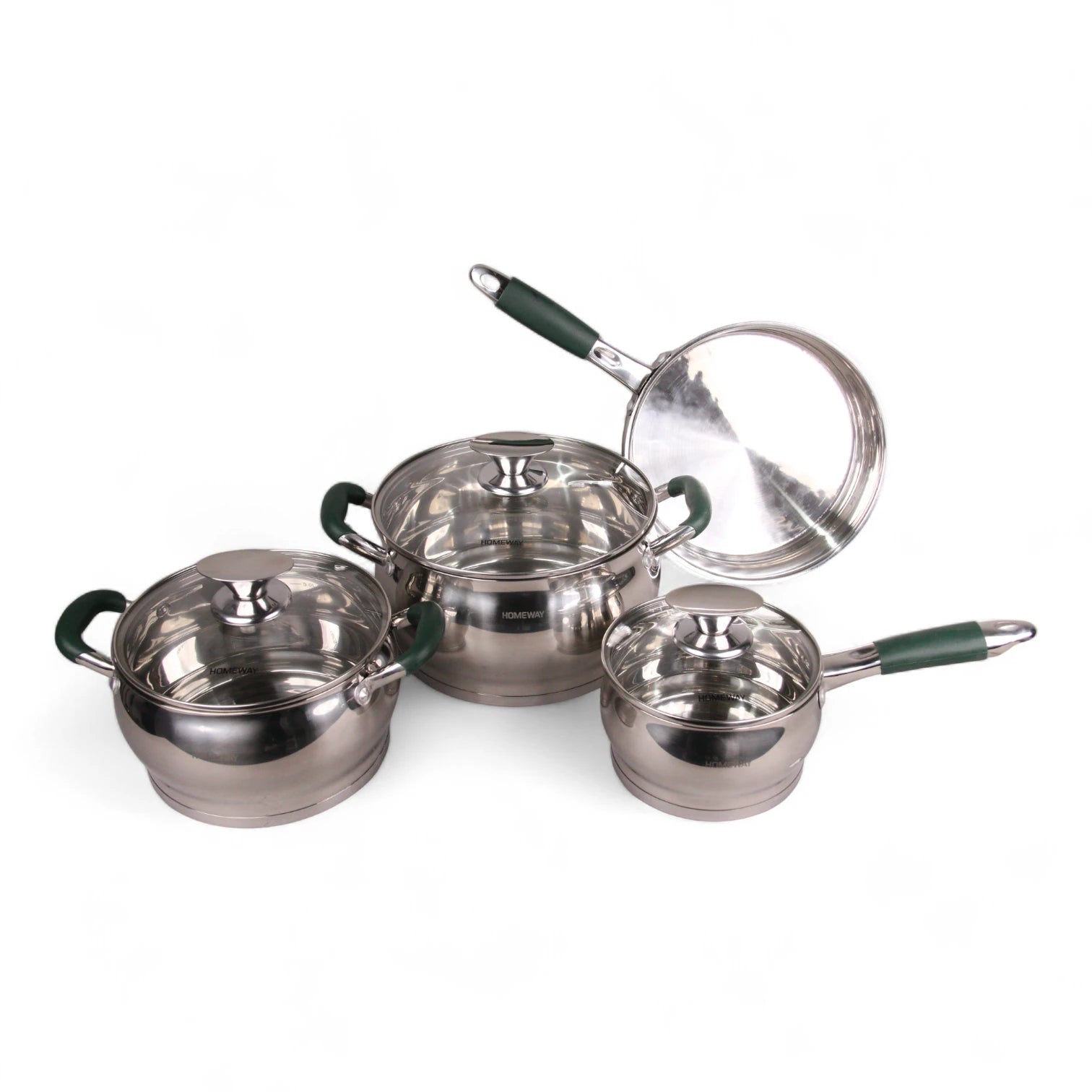 Homeway Stainless Steel Cookware Set – 7 Pieces (HW3869), Durable 5-Layer Encapsulated Base, Dishwasher Safe Pots, Frypan & Saucepan with Glass Lids
