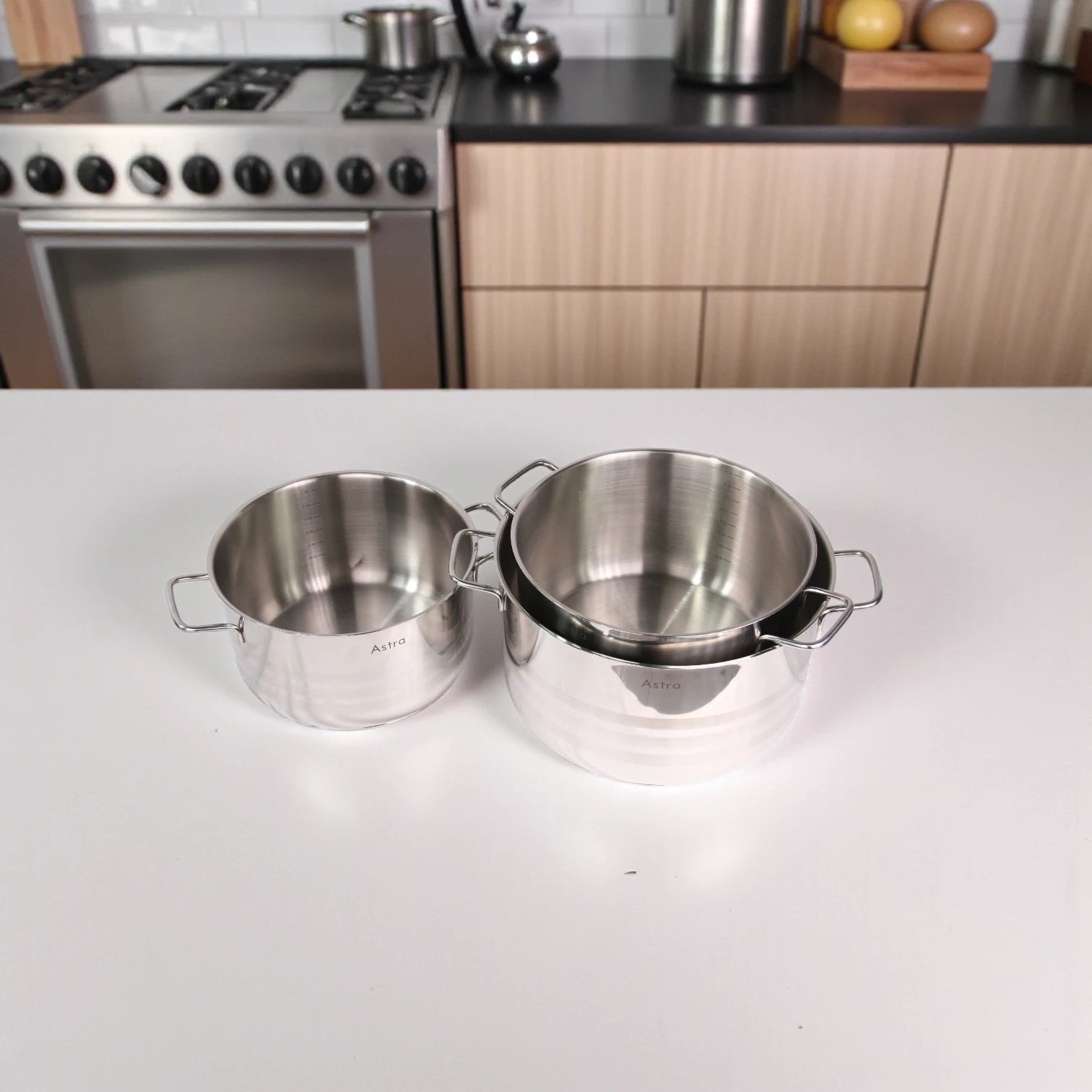 Astra Stainless Steel Cookware Set HM120 – 6-Piece Premium 18/10 Cr-Ni Steel, Triplex Capsule Bottom, Durable Pots with Lids (7.9L, 9.7L, 14.6L) for Healthy & Efficient Cooking - Damoo