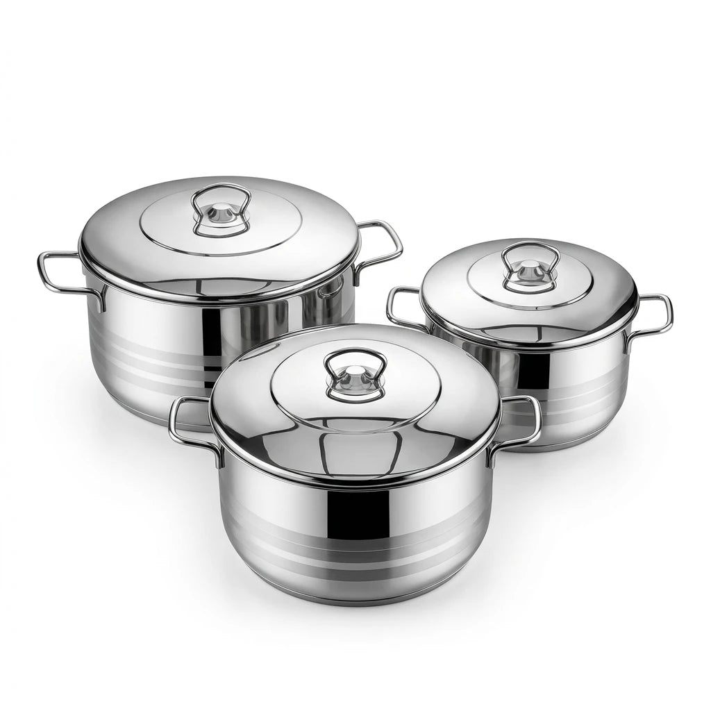 Astra Stainless Steel Cookware Set HM120 – 6-Piece Premium 18/10 Cr-Ni Steel, Triplex Capsule Bottom, Durable Pots with Lids (7.9L, 9.7L, 14.6L) for Healthy & Efficient Cooking - Damoo