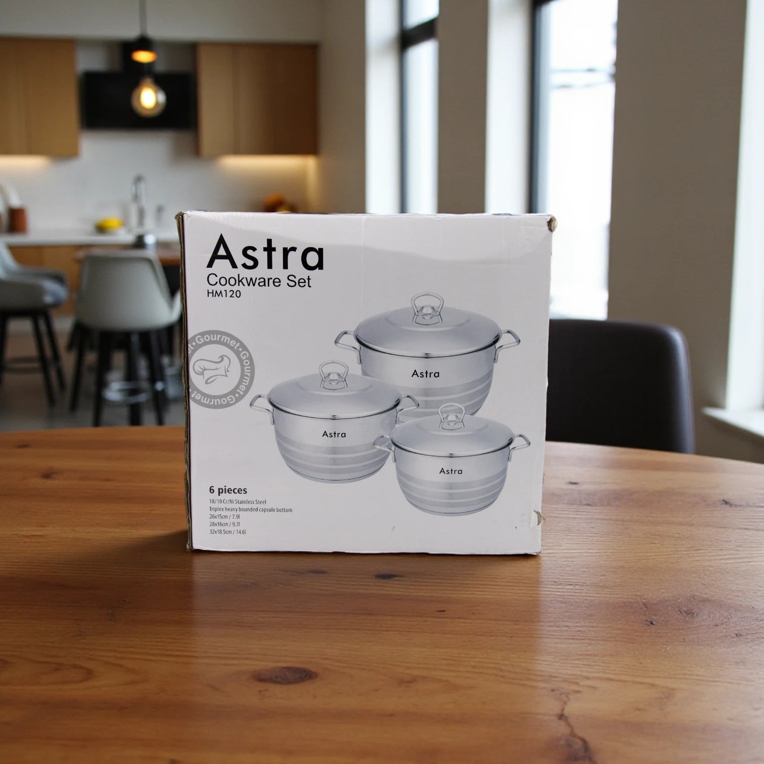 Astra Stainless Steel Cookware Set HM120 – 6-Piece Premium 18/10 Cr-Ni Steel, Triplex Capsule Bottom, Durable Pots with Lids (7.9L, 9.7L, 14.6L) for Healthy & Efficient Cooking - Damoo