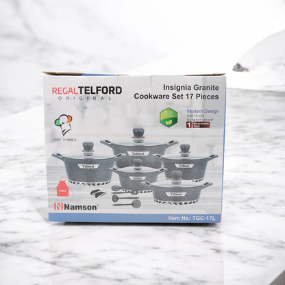 Telford 17 PCS Non-Stick Cookware Set TGC-17M – Eco-Friendly Granite Coated Die-Cast Aluminum Pots & Pans with Lids, Casseroles, Shallow Pot, Frying Pan & Silicone Spatula – Durable, Scratch-Proof, Easy to Clean - Damoo