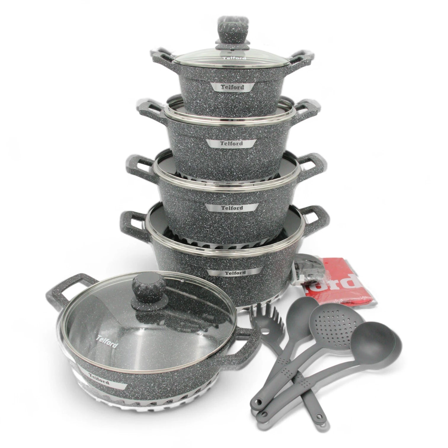 Telford 17 PCS Non-Stick Cookware Set TGC-17M – Eco-Friendly Granite Coated Die-Cast Aluminum Pots & Pans with Lids, Casseroles, Shallow Pot, Frying Pan & Silicone Spatula – Durable, Scratch-Proof, Easy to Clean - Damoo