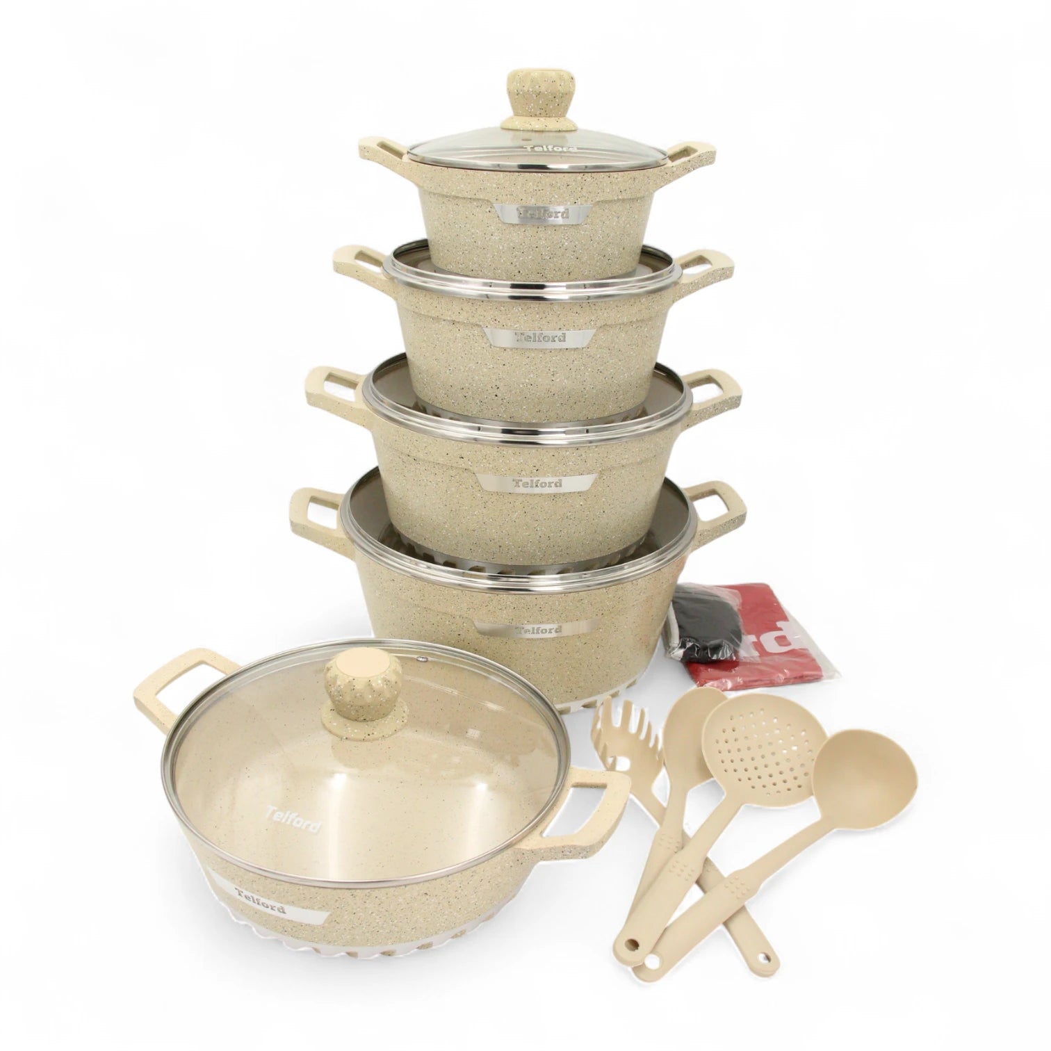 Telford 17 PCS Granite-Coated Non-Stick Cookware Set – Eco-Friendly Scratch-Proof Casseroles with Shallow Pot, Tempered Glass Lids, Frying Pan, Cooking Tools & Accessories – PTFE & PFOA Free - Damoo