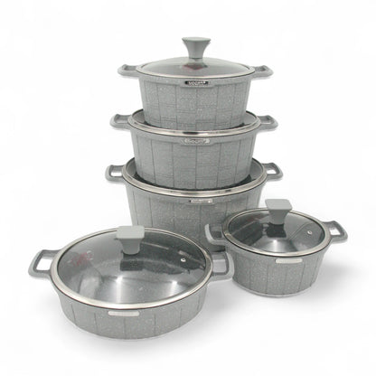 Vogati 10-Piece Die Cast Cookware Set – Granite Marble Coated Non-Stick Casserole Pots with Glass Lids – Heat Resistant, Anti-Scratch, Easy to Clean Cookware Set - Damoo