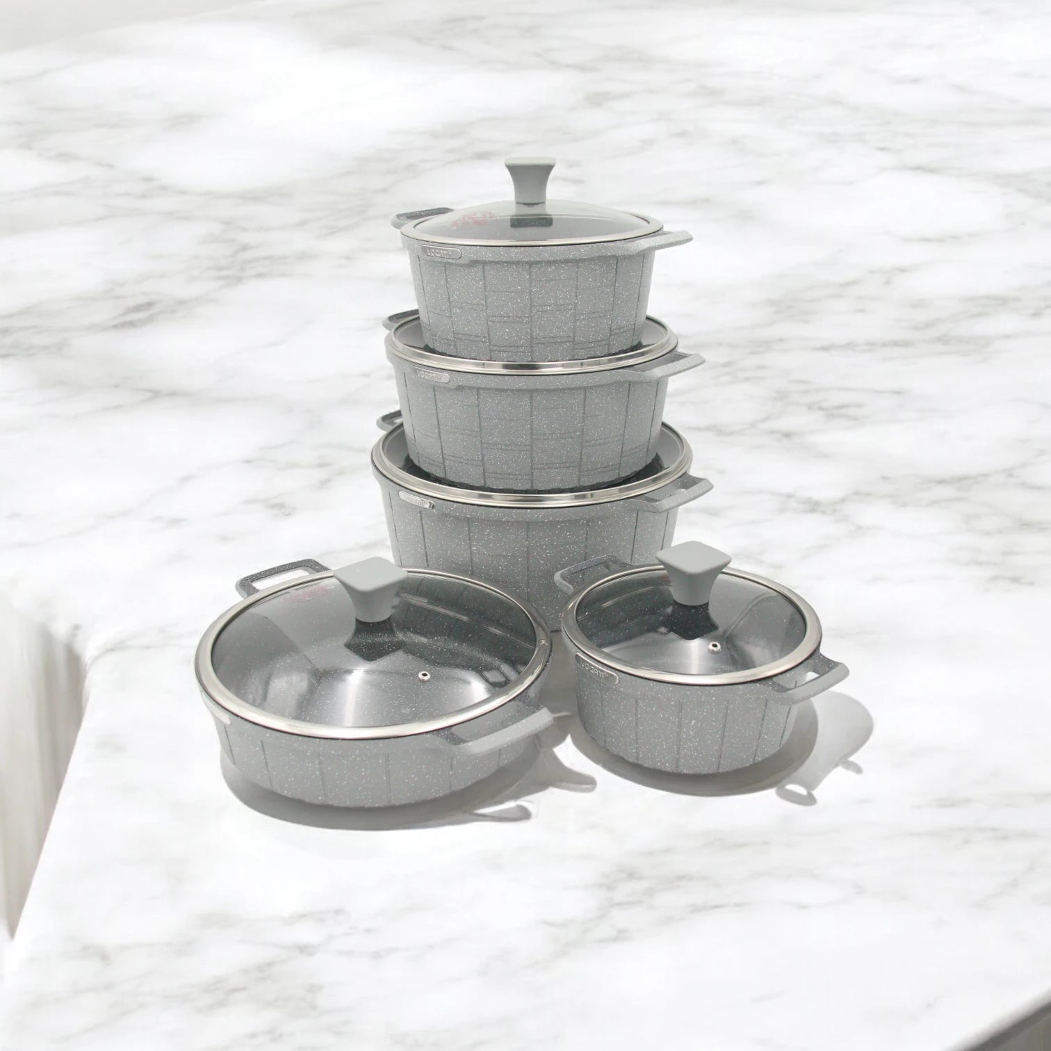 Vogati 10-Piece Die Cast Cookware Set – Granite Marble Coated Non-Stick Casserole Pots with Glass Lids – Heat Resistant, Anti-Scratch, Easy to Clean Cookware Set - Damoo