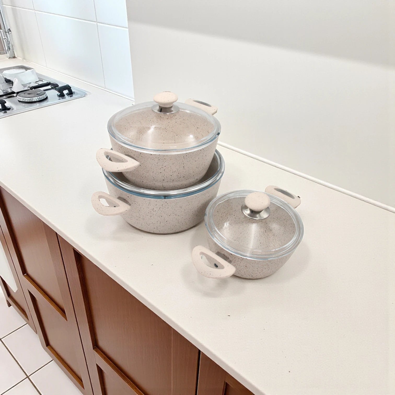 Home Neat Granite Coated Cookware Set – 16 Pieces, Non-Stick Granite Pots & Fry Pan with Glass Lids, Cake Mold, Spoon Set & Gloves, Durable Forged Construction, Made in Türkiye - Damoo