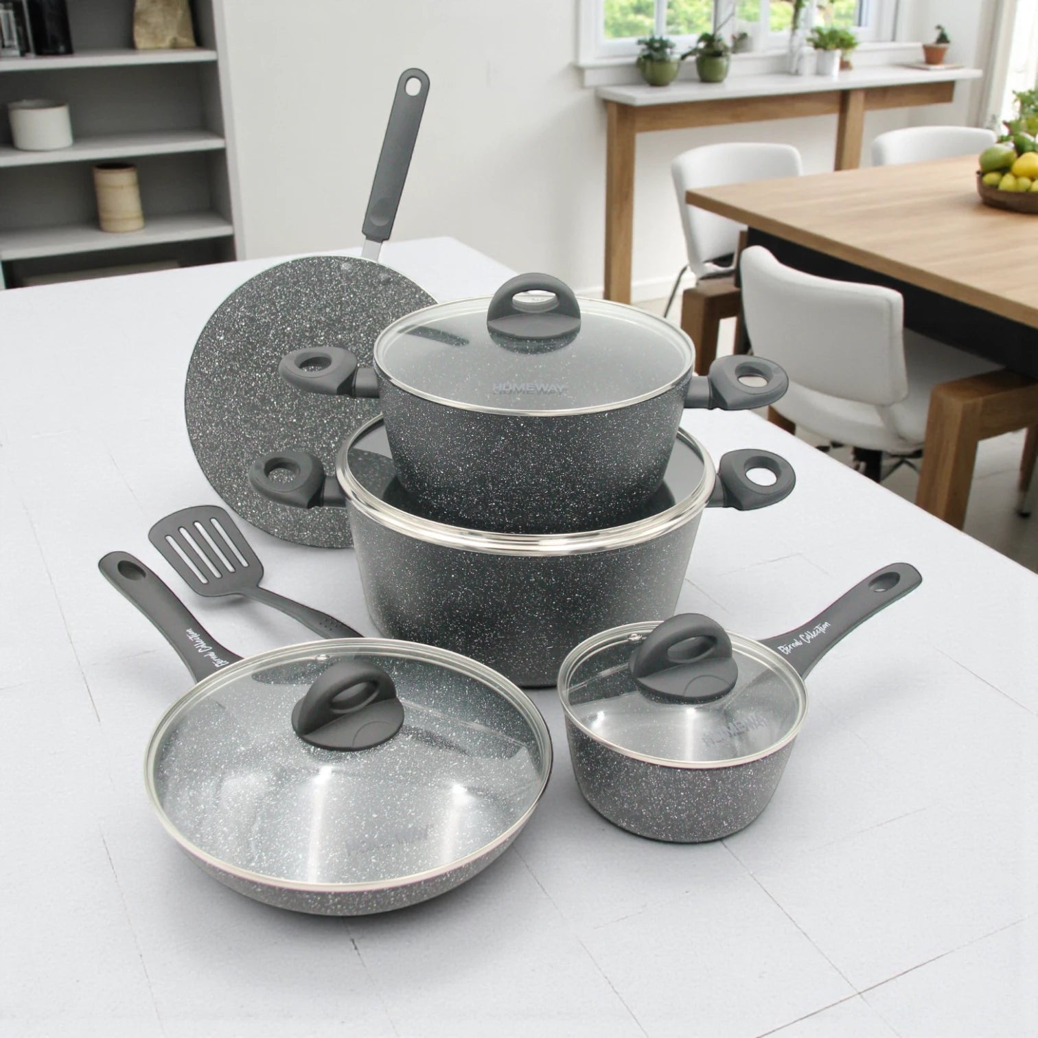 Homeway 10-Piece Marble Coated Cookware Set – Forged Non-Stick Casseroles, Fry Pan, Saucepan & Tawa with Lids | Eternal Collection