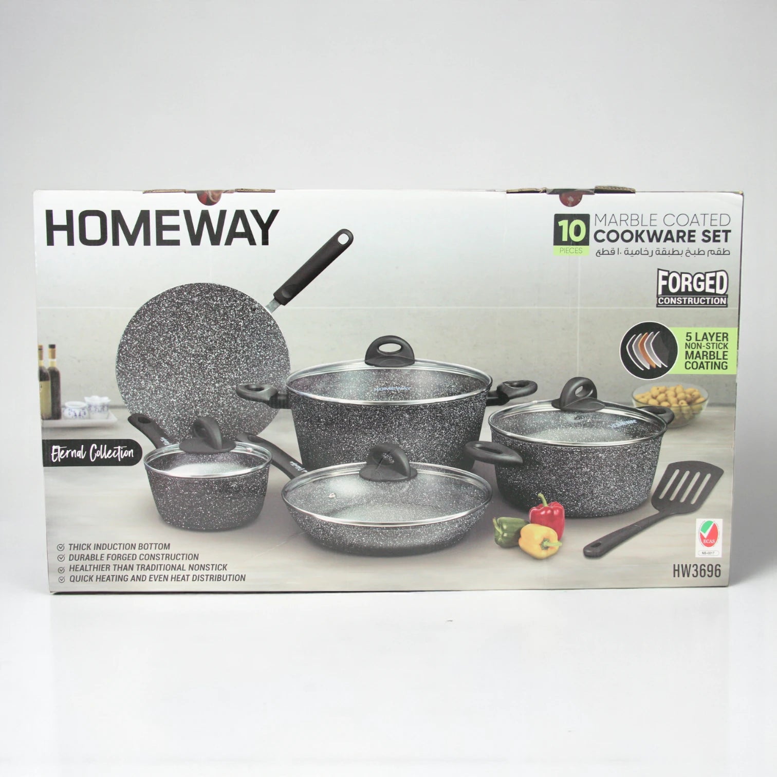 Homeway 10-Piece Marble Coated Cookware Set – Forged Non-Stick Casseroles, Fry Pan, Saucepan & Tawa with Lids | Eternal Collection