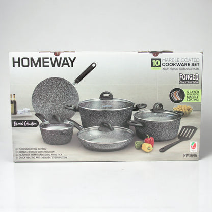 Homeway 10-Piece Marble Coated Cookware Set – Forged Non-Stick Casseroles, Fry Pan, Saucepan & Tawa with Lids | Eternal Collection