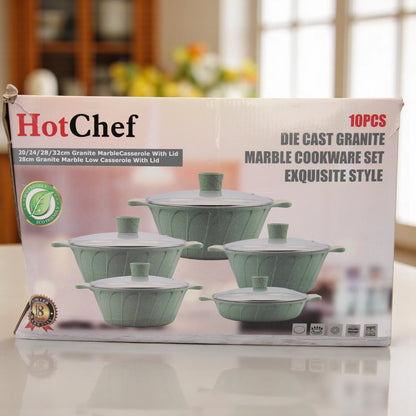 Hot Chef 10-Piece Die-Cast Granite Marble Cookware Set – Non-Stick Eco-Friendly Casserole Pots with Glass Lids, Exquisite Style, Durable & Stylish Kitchen Essential - Damoo