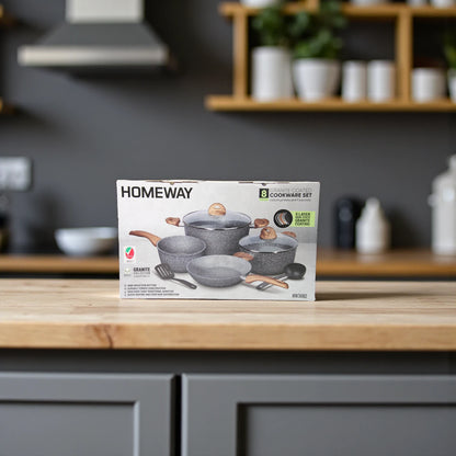 Homeway Granite Coated Cookware Set – 8 Pieces, 5-Layer Non-Stick Granite Coating, Induction Bottom, Durable Forged Construction, Healthy & Even Heat Distribution