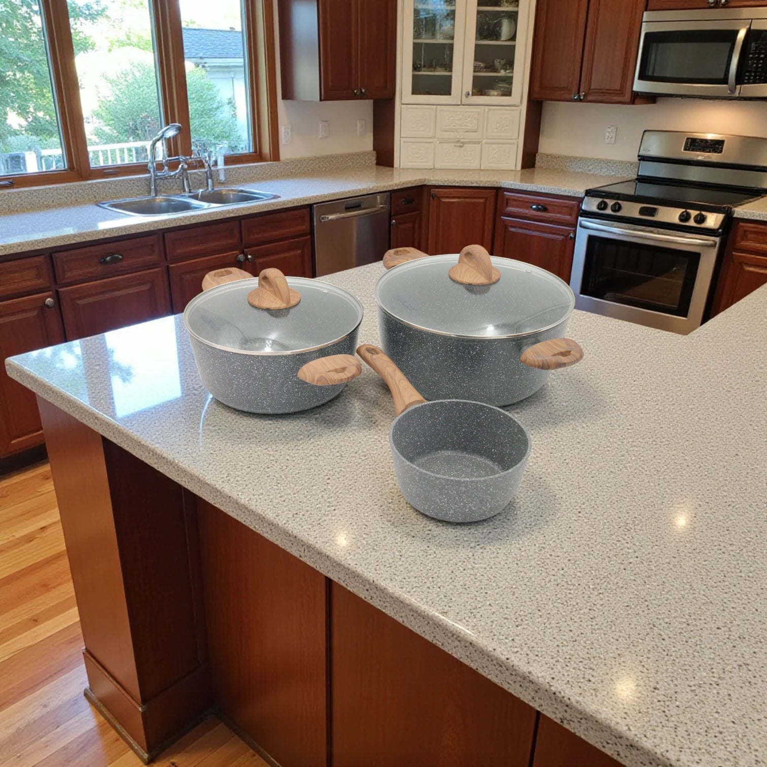 Homeway Granite Coated Cookware Set – 8 Pieces, 5-Layer Non-Stick Granite Coating, Induction Bottom, Durable Forged Construction, Healthy & Even Heat Distribution