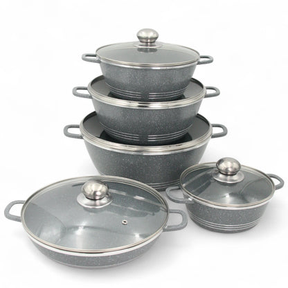 Hot Chef 10-Piece Non-Stick Cookware Set – Premium Granite Marble Casserole Pots with Glass Lids & Low Casserole, Durable, PFOA-Free, Healthy & Stylish Kitchen Set - Damoo