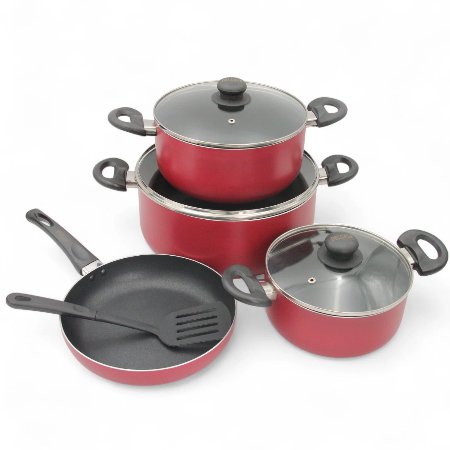 Delcasa 8-Piece Non-Stick Aluminium Cookware Set – Durable 3-Layer Construction, Casserole Pots with Glass Lids, Frypan & Nylon Spatula – Dishwasher Safe, PTFE & PFOA Free - Damoo