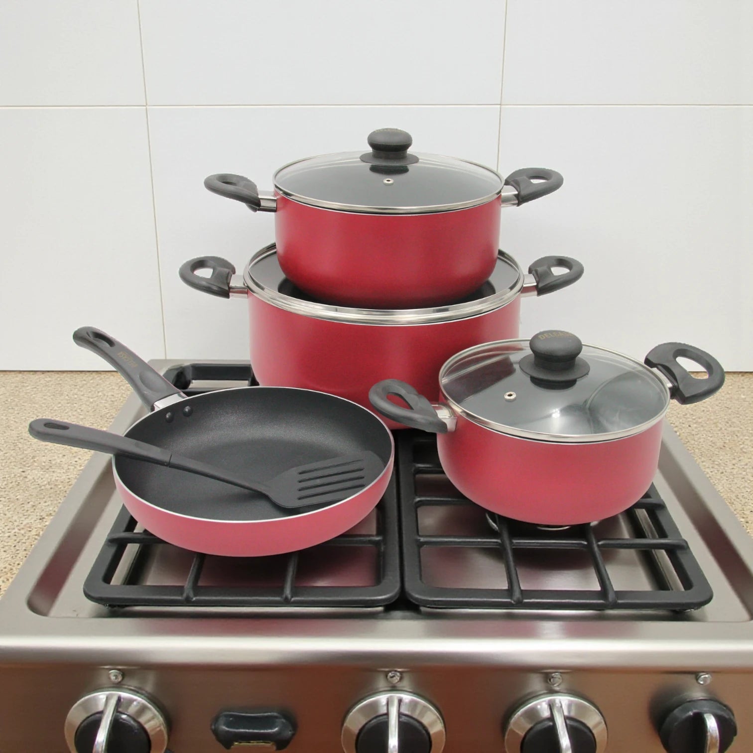 Delcasa 8-Piece Non-Stick Aluminium Cookware Set – Durable 3-Layer Construction, Casserole Pots with Glass Lids, Frypan & Nylon Spatula – Dishwasher Safe, PTFE & PFOA Free - Damoo