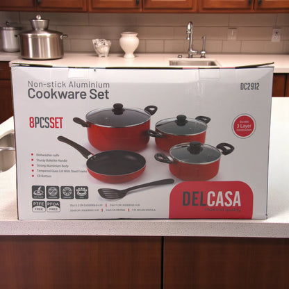 Delcasa 8-Piece Non-Stick Aluminium Cookware Set – Durable 3-Layer Construction, Casserole Pots with Glass Lids, Frypan & Nylon Spatula – Dishwasher Safe, PTFE & PFOA Free - Damoo